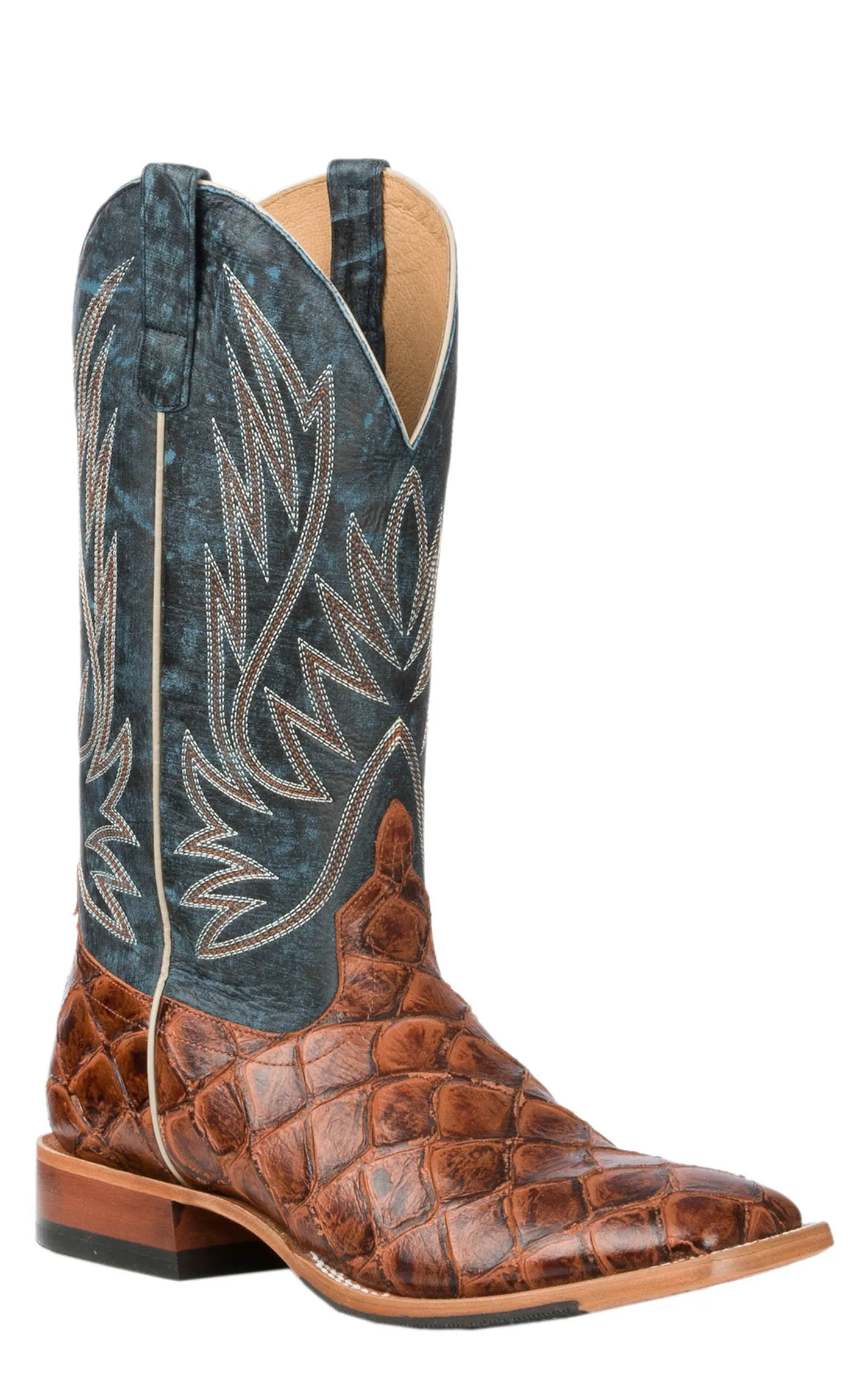 Anderson Bean Men's Horse Power Cognac Fish Print and Blue Double Welt Wide Square Toe Cowboy Boots