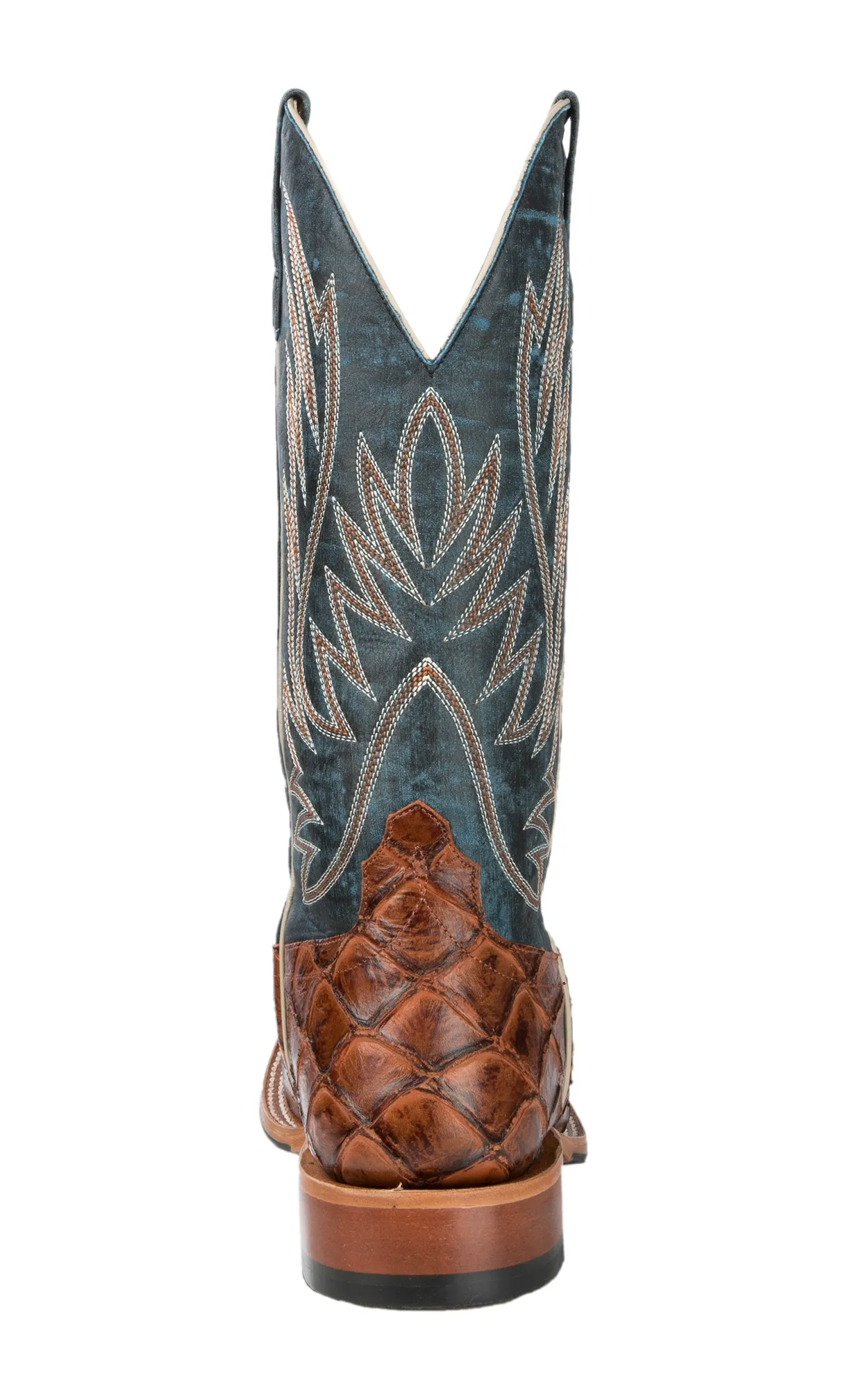 Anderson Bean Men's Horse Power Cognac Fish Print and Blue Double Welt Wide Square Toe Cowboy Boots