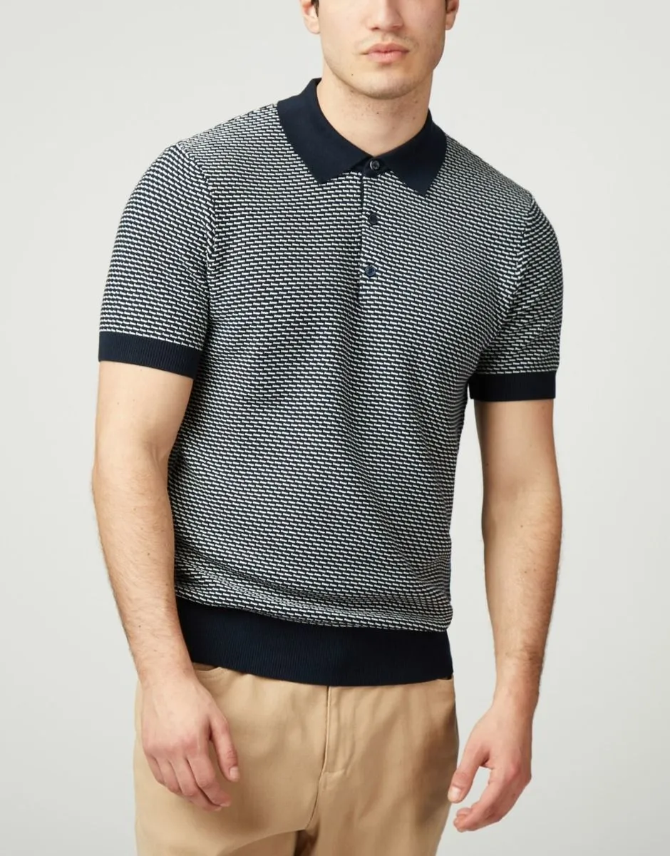 Ben Sherman Bicoloured Textured Knitted Polo Shirt Dark Navy