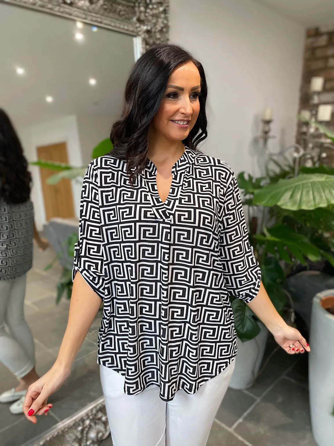 Black Greek Key Printed Blouse Gloria