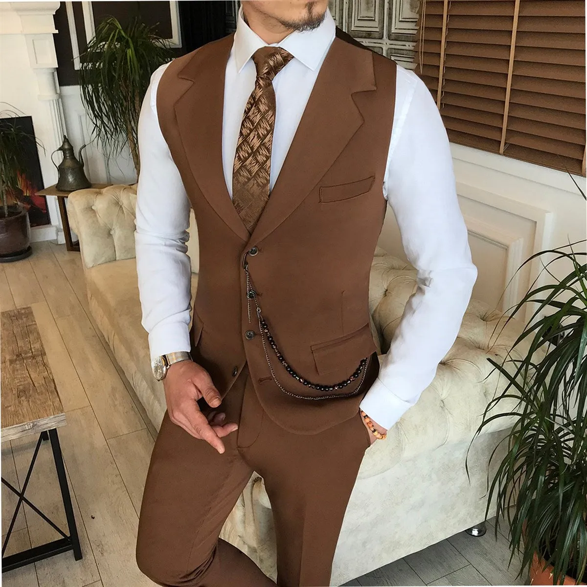 Bojoni Brown Slim-Fit Suit 3-Piece