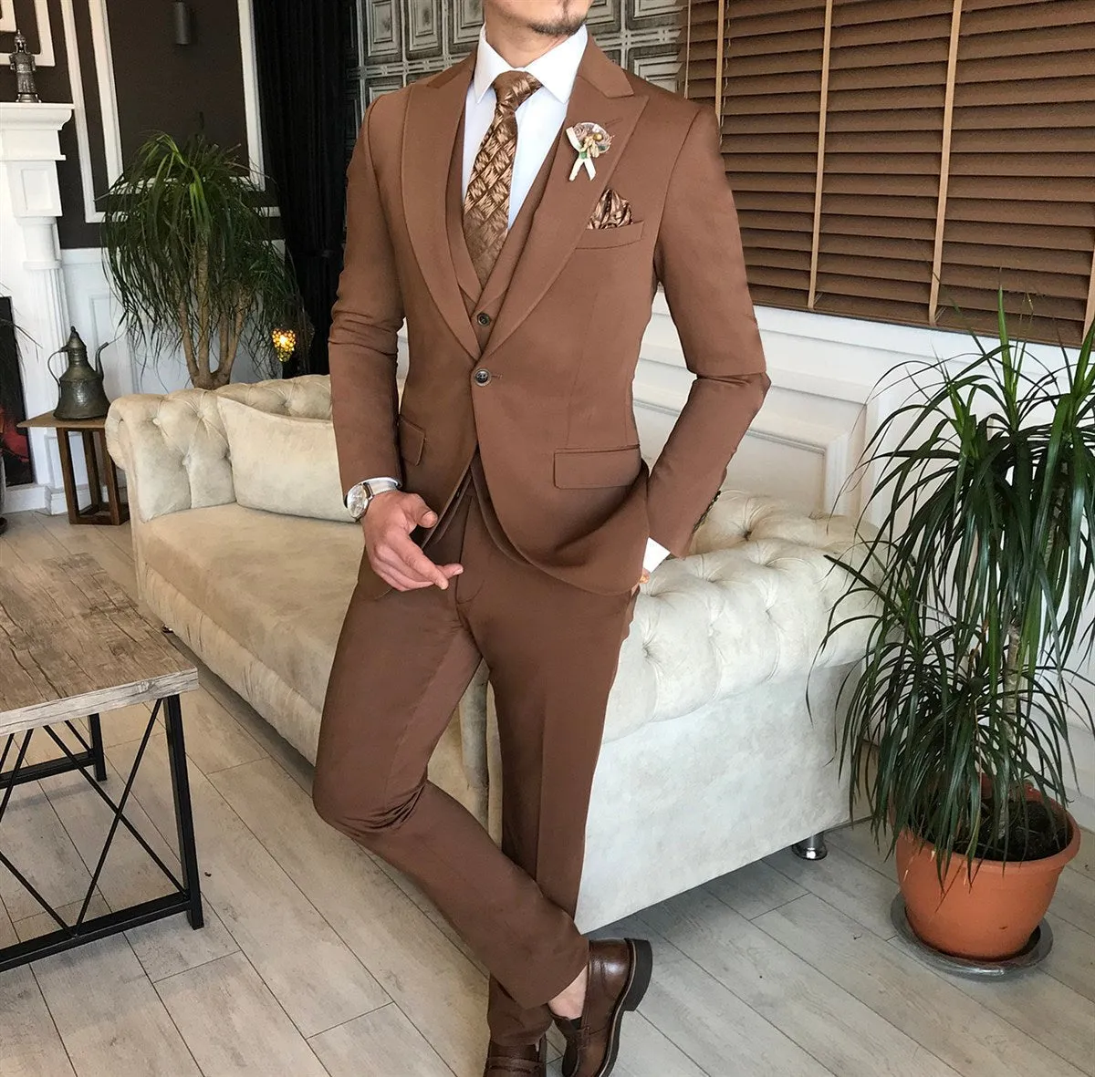 Bojoni Brown Slim-Fit Suit 3-Piece