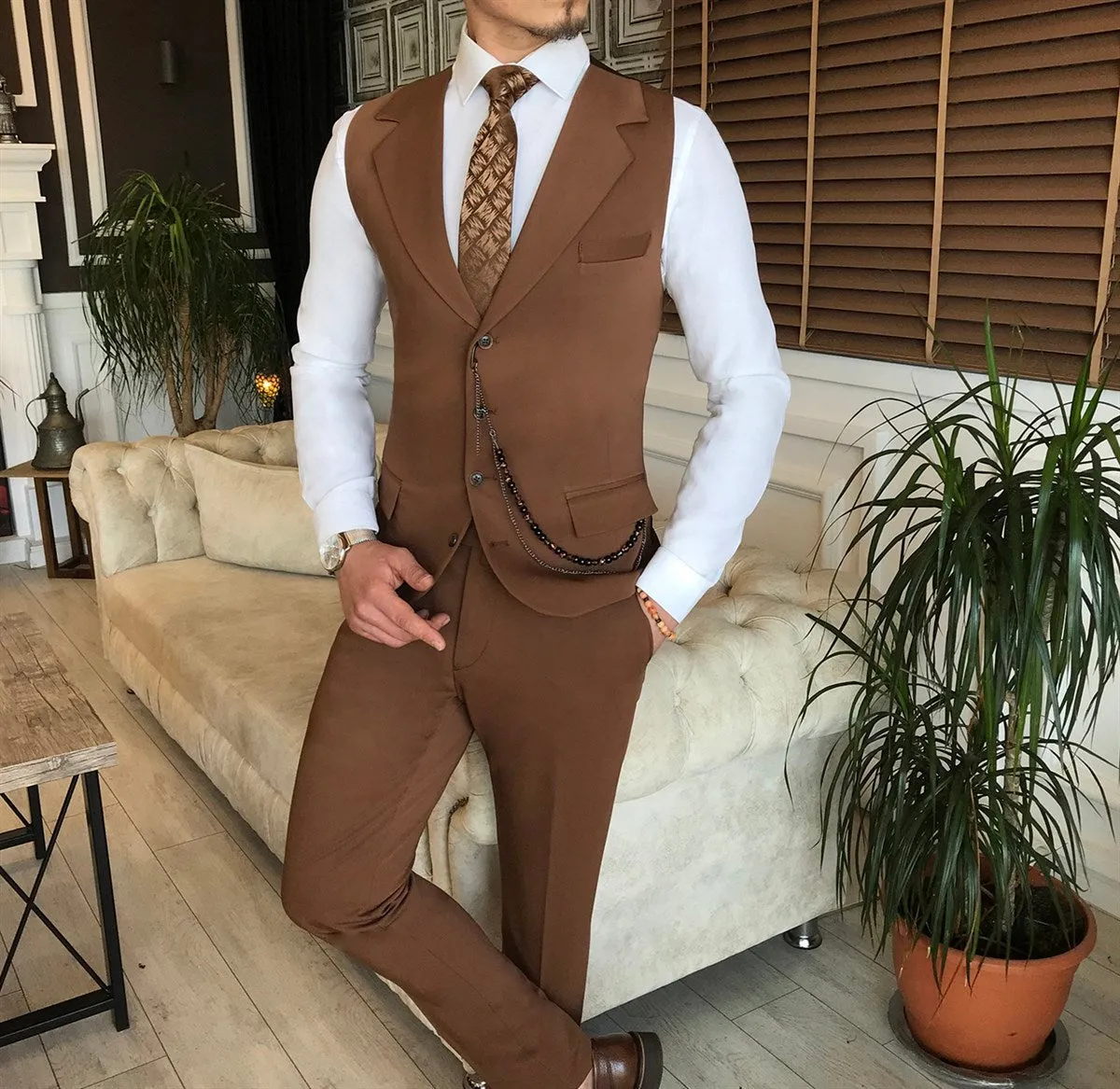 Bojoni Brown Slim-Fit Suit 3-Piece