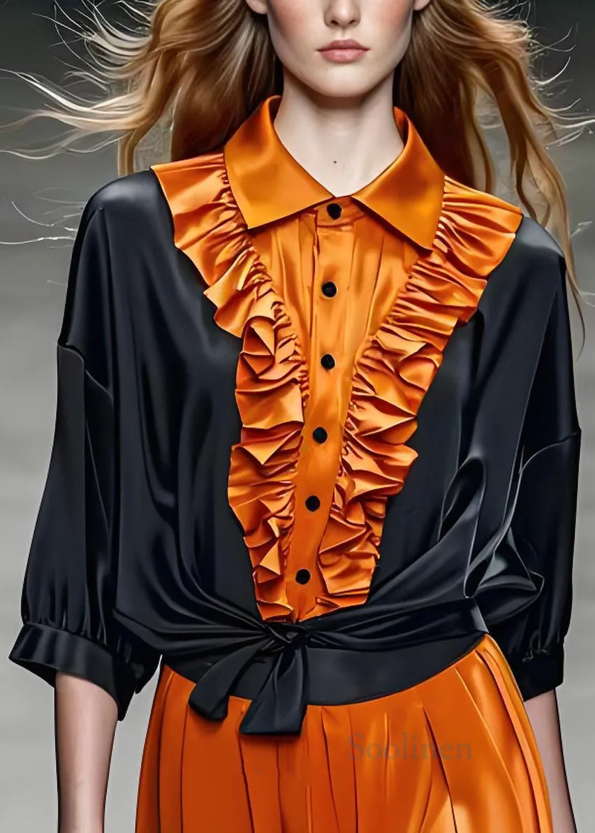 Boutique Peter Pan Collar Ruffled Patchwork Silk Shirts Summer