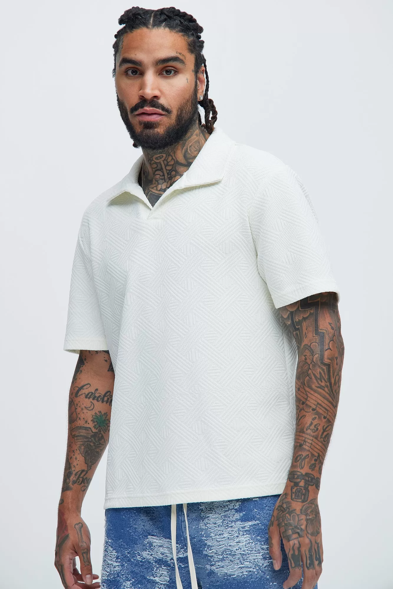 Burley Geo Textured Johnny Collar Shirt - Off White