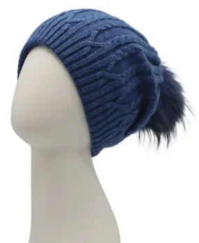 Cable Knit Slouch Hat w/ Fur Pom