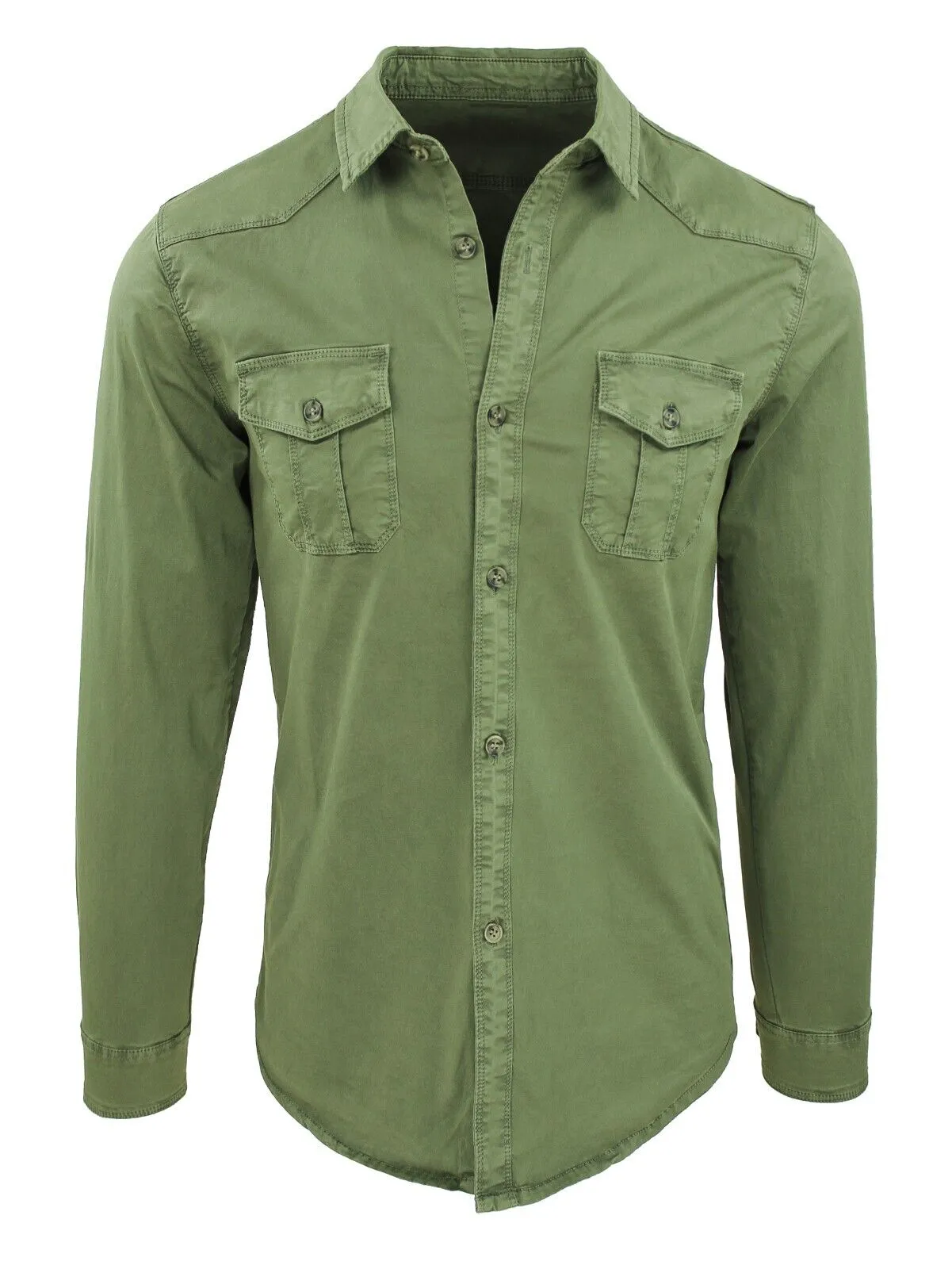 Camicia Uomo Verde Militare in Cotone Maniche Lunghe Vintage Denim con tasconi