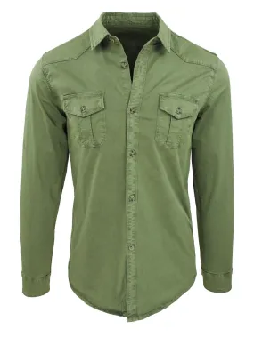 Camicia Uomo Verde Militare in Cotone Maniche Lunghe Vintage Denim con tasconi