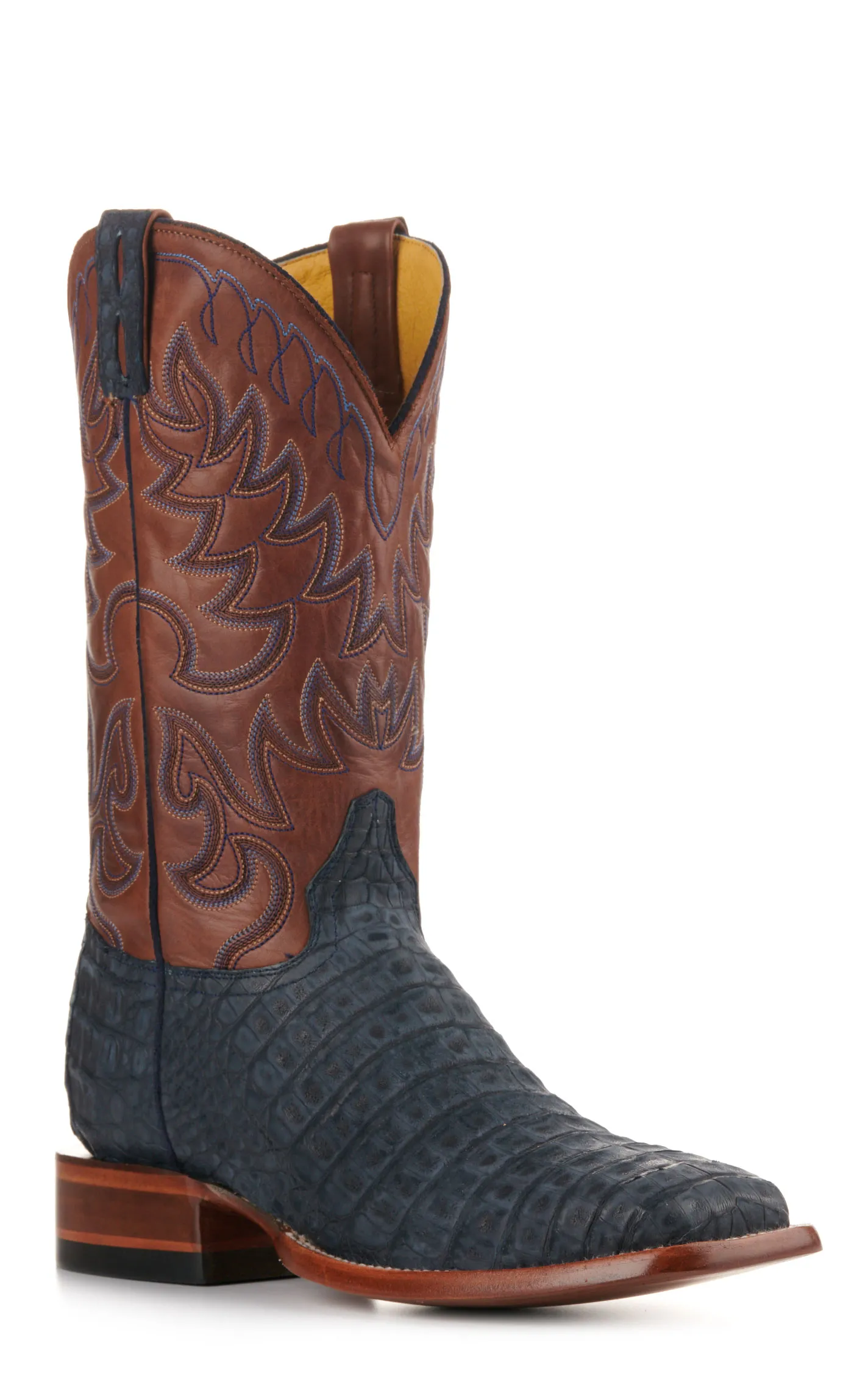 Cavender's Men's Brown and Blue Sueded Caiman Wide Square Toe Exotic Cowboy Boots