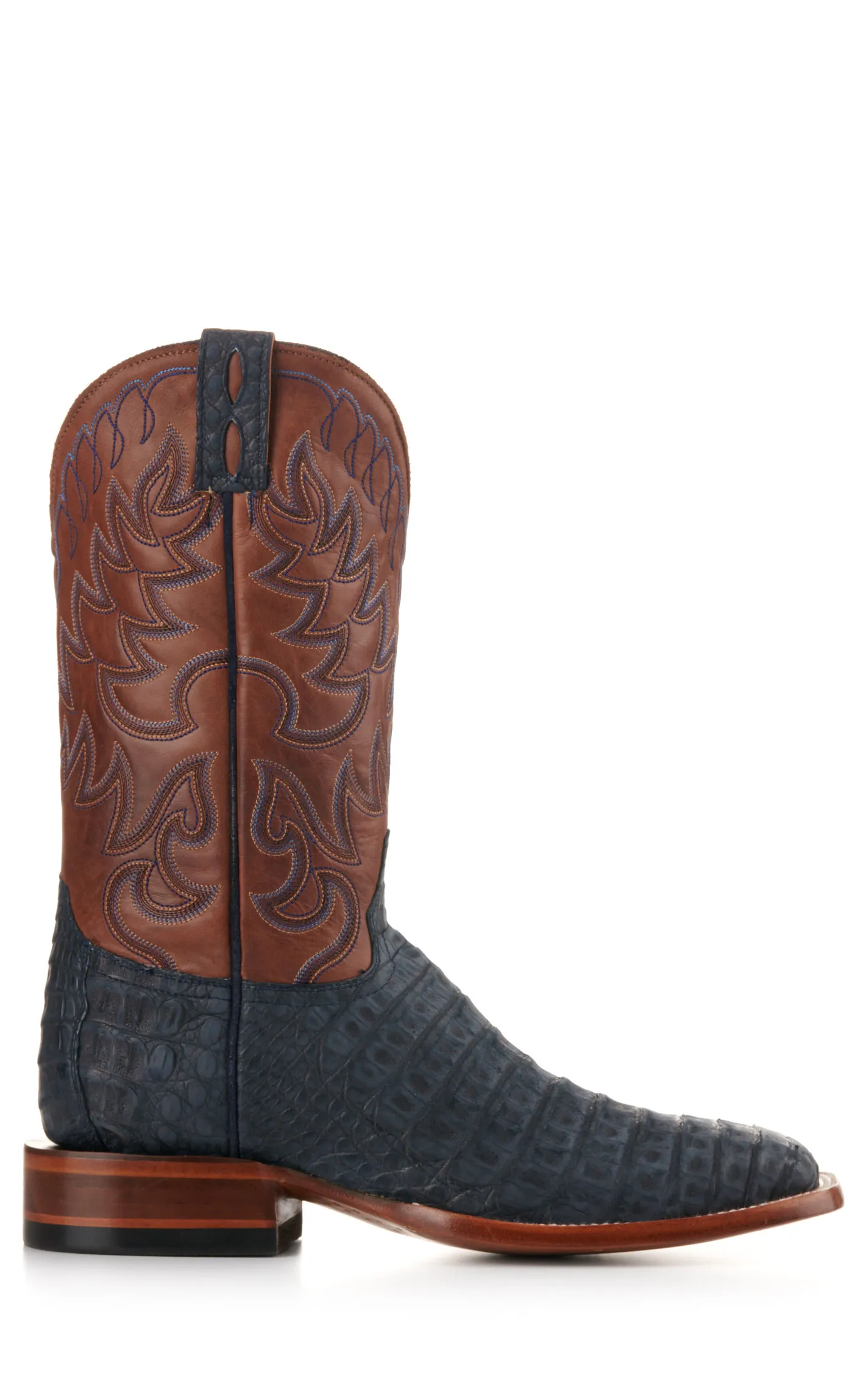 Cavender's Men's Brown and Blue Sueded Caiman Wide Square Toe Exotic Cowboy Boots