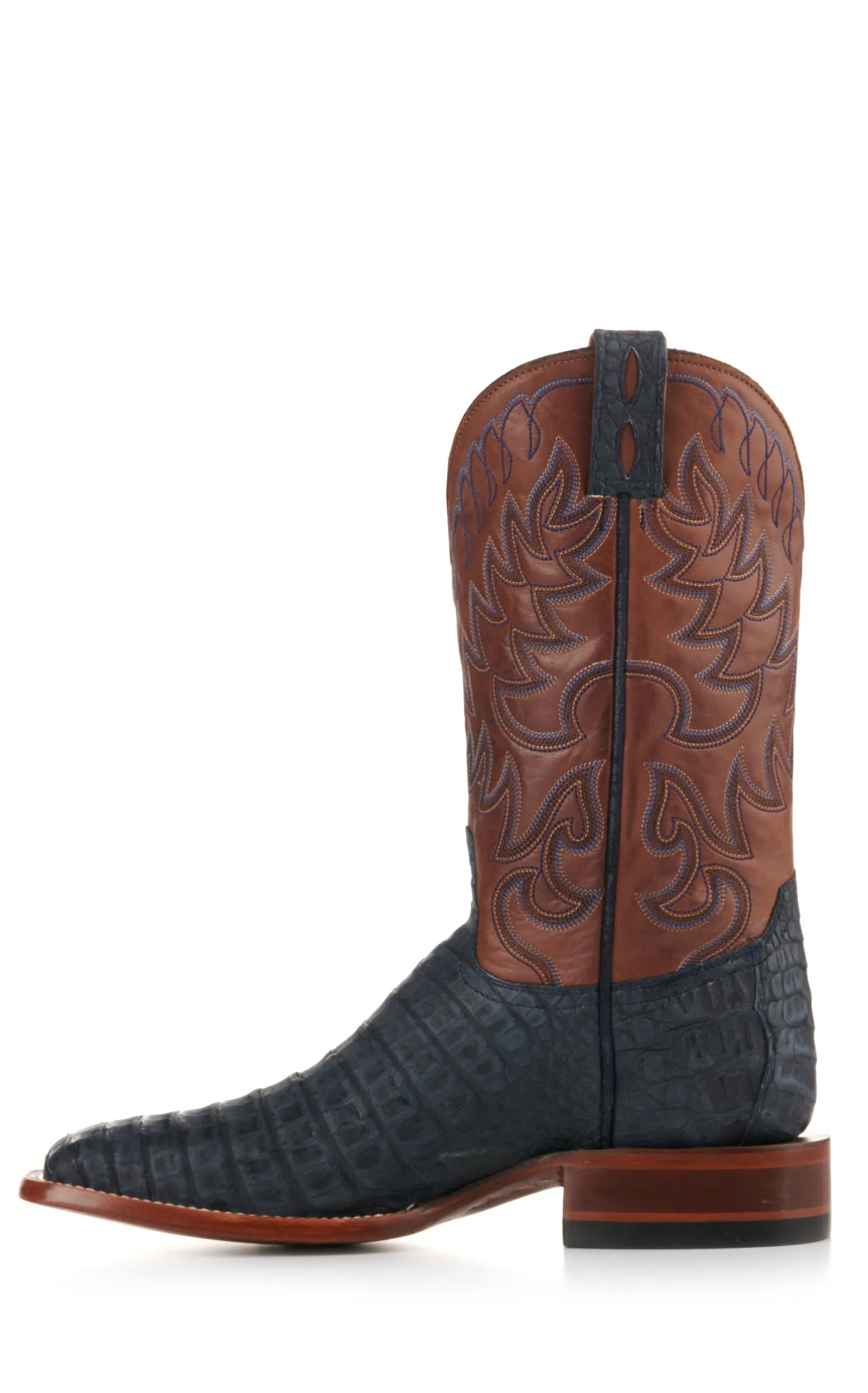 Cavender's Men's Brown and Blue Sueded Caiman Wide Square Toe Exotic Cowboy Boots