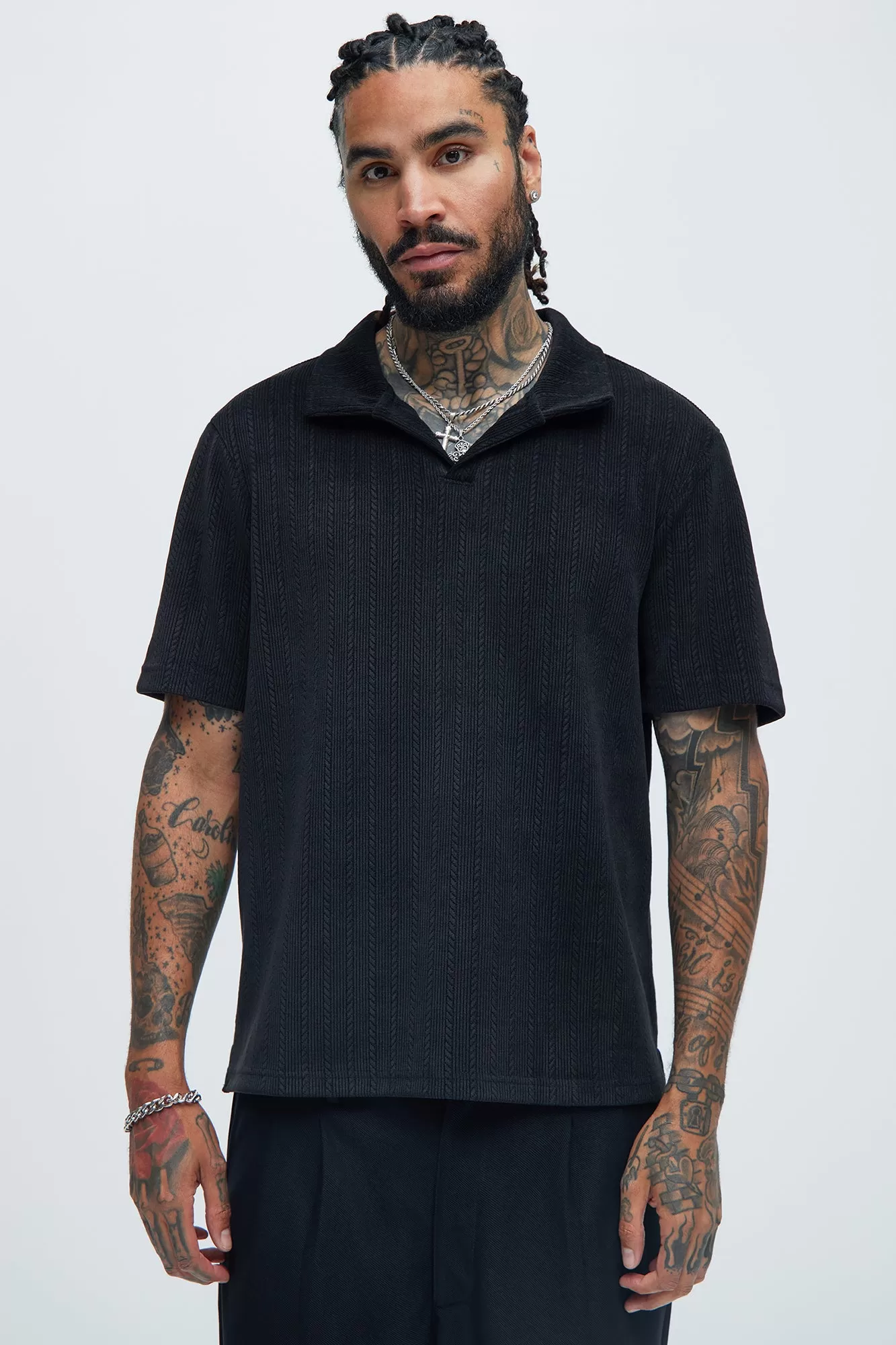 Cefalo Sweater Textured Johnny Collar Shirt - Black