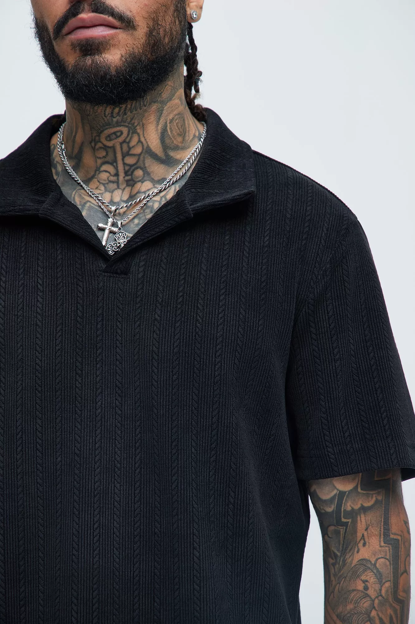 Cefalo Sweater Textured Johnny Collar Shirt - Black