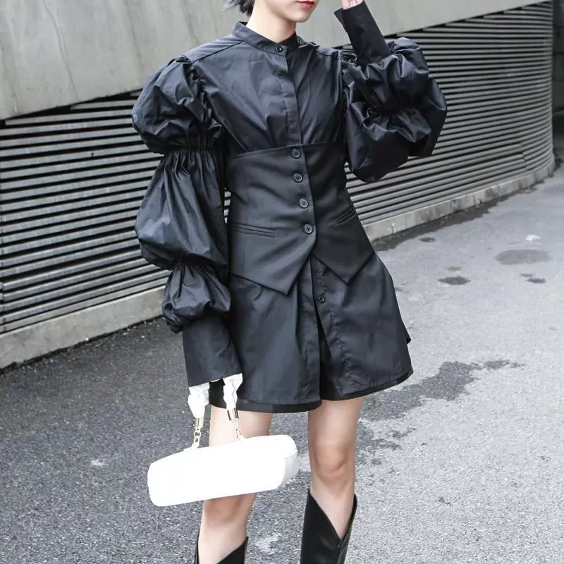 Daoko Pleated Puff Long Sleeve Shirt - Black