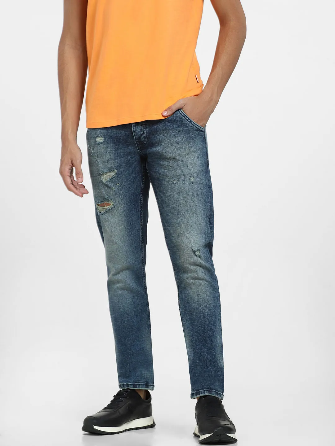 Dark Blue Low Rise Distressed Glenn Slim Fit Jeans