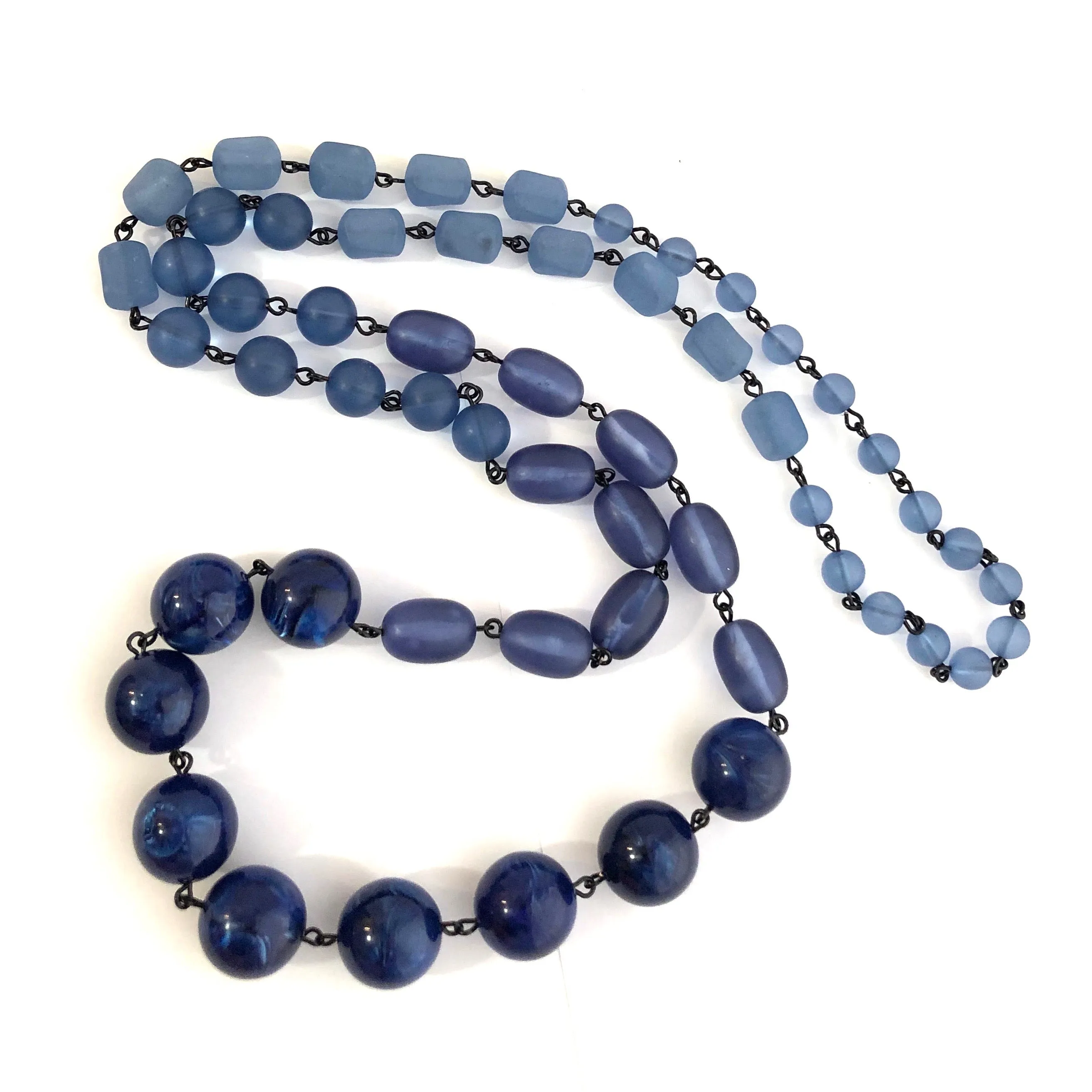 Denim Blue Beaded Rosary Chain Rope Necklace