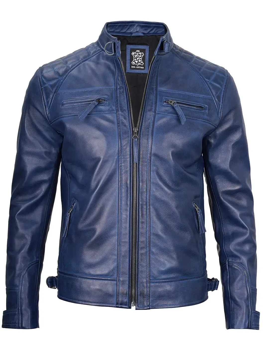 Diamond Blue Wax Cafe Racer Leather Jacket