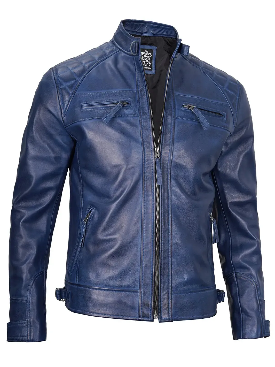 Diamond Blue Wax Cafe Racer Leather Jacket