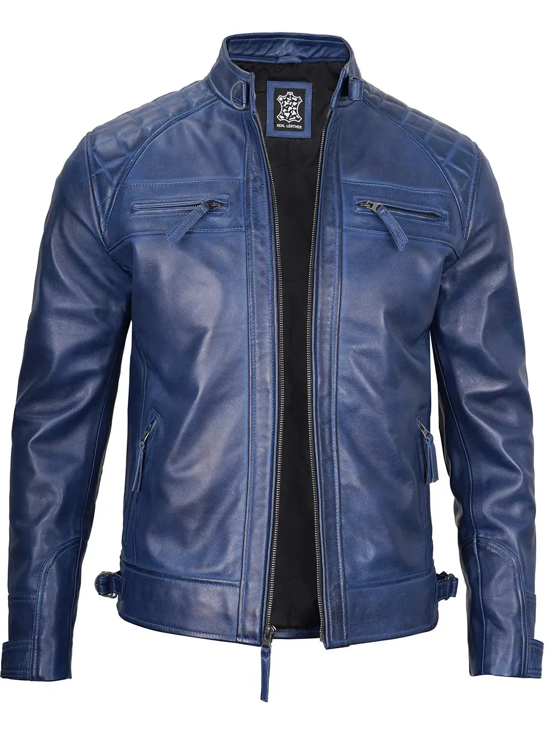 Diamond Blue Wax Cafe Racer Leather Jacket