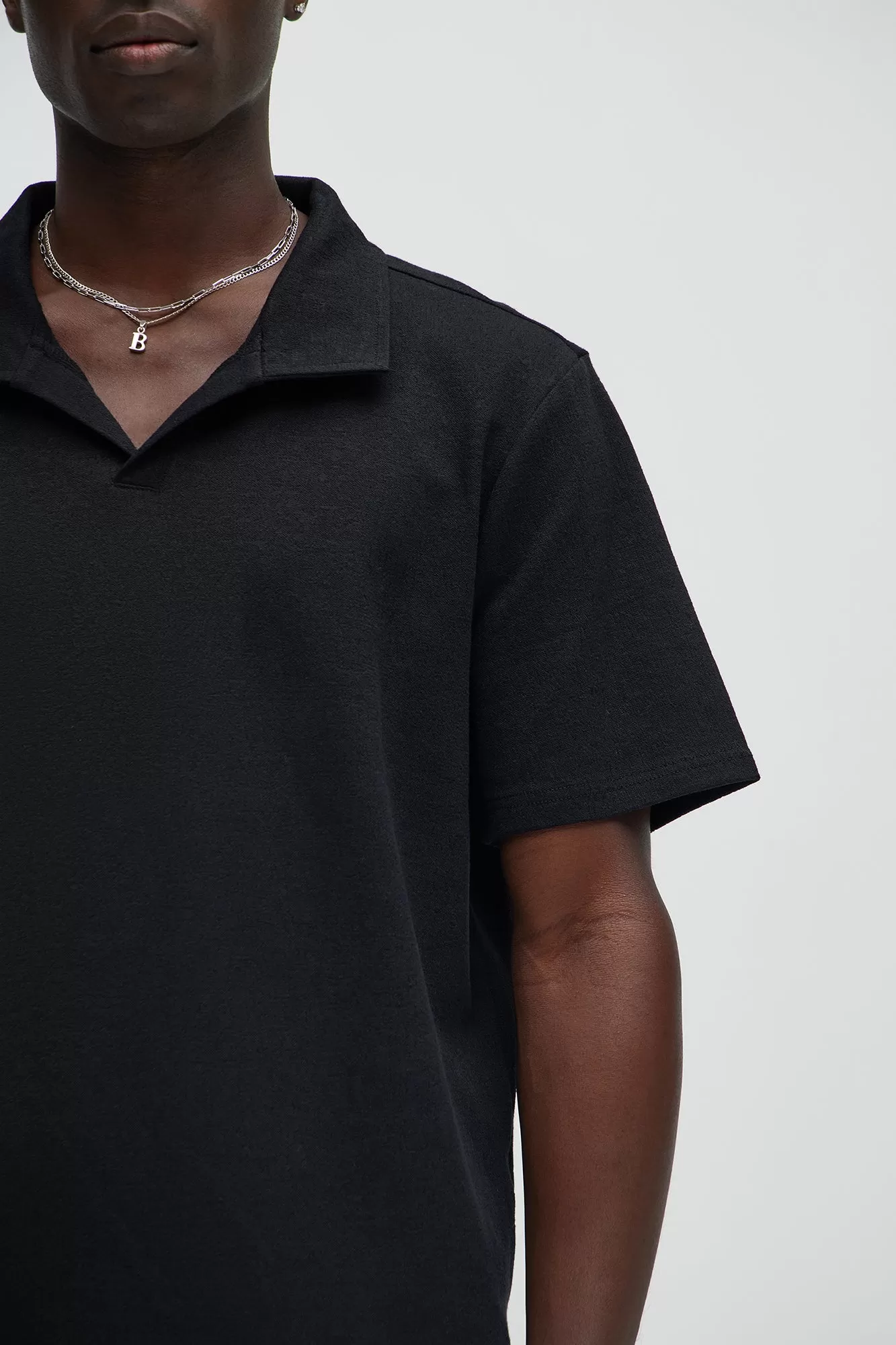 Duval Textured Knit Johnny Collar Shirt - Black