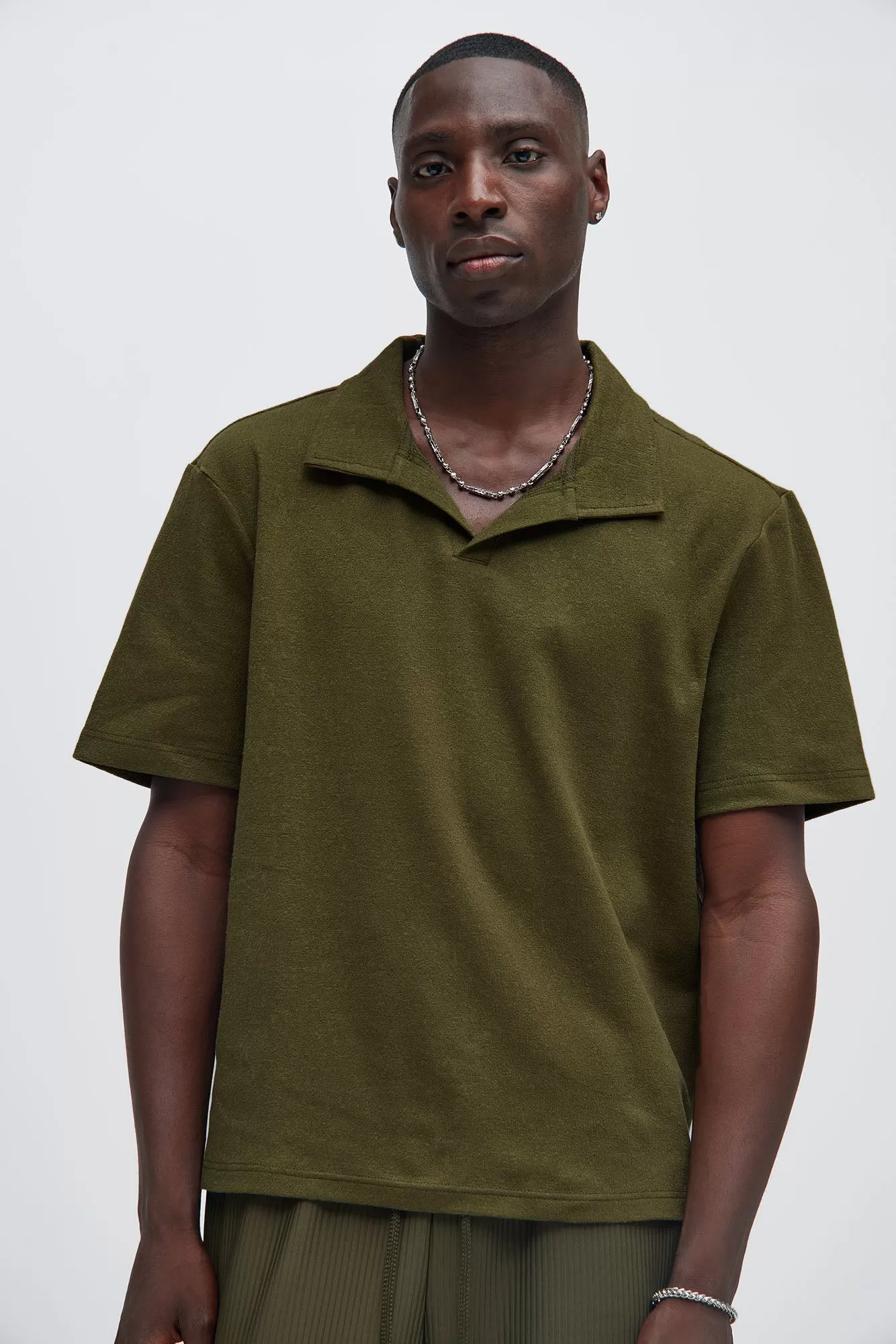 Duval Textured Knit Johnny Collar Shirt - Olive