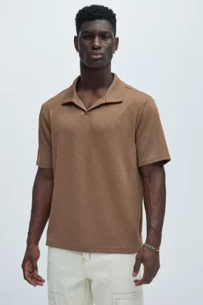 Easton Geo Textured Johnny Collar Polo - Brown