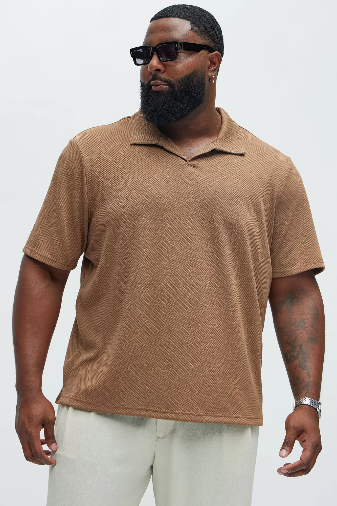 Easton Geo Textured Johnny Collar Polo - Brown