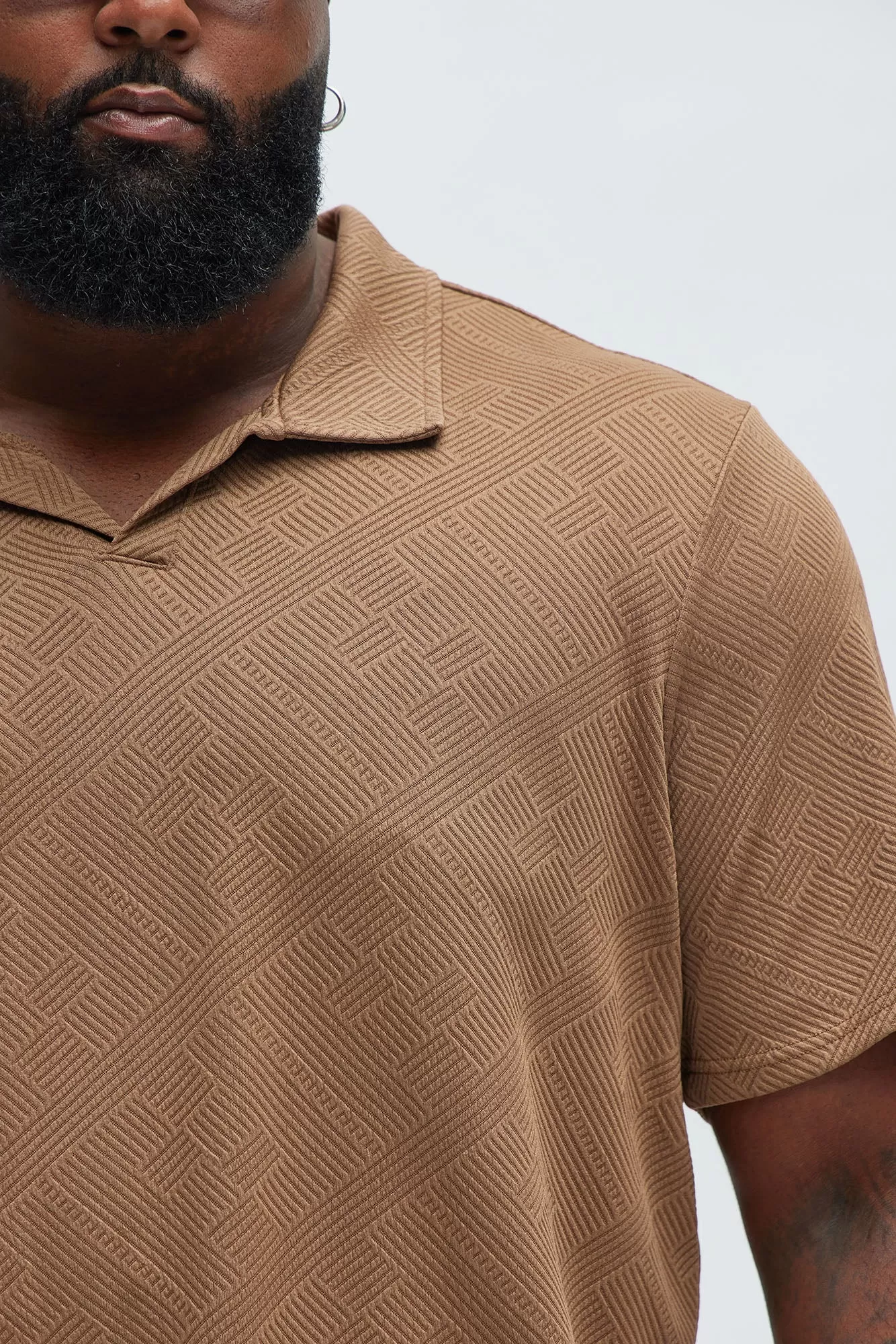 Easton Geo Textured Johnny Collar Polo - Brown