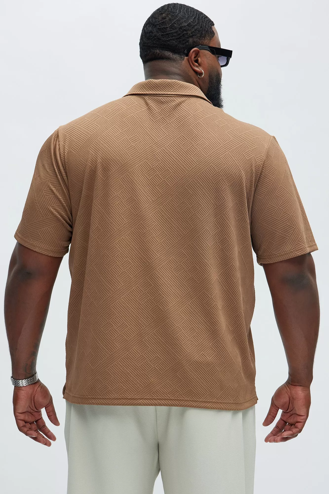 Easton Geo Textured Johnny Collar Polo - Brown