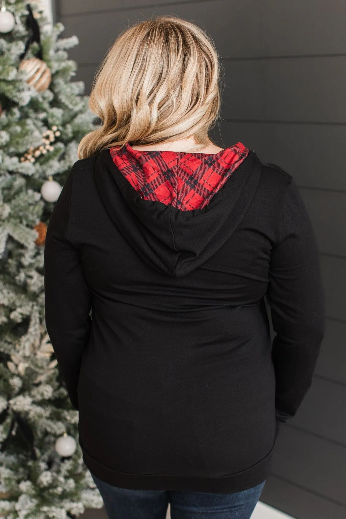 Easy To Love Quarter Zip Hoodie- Black & Red Plaid