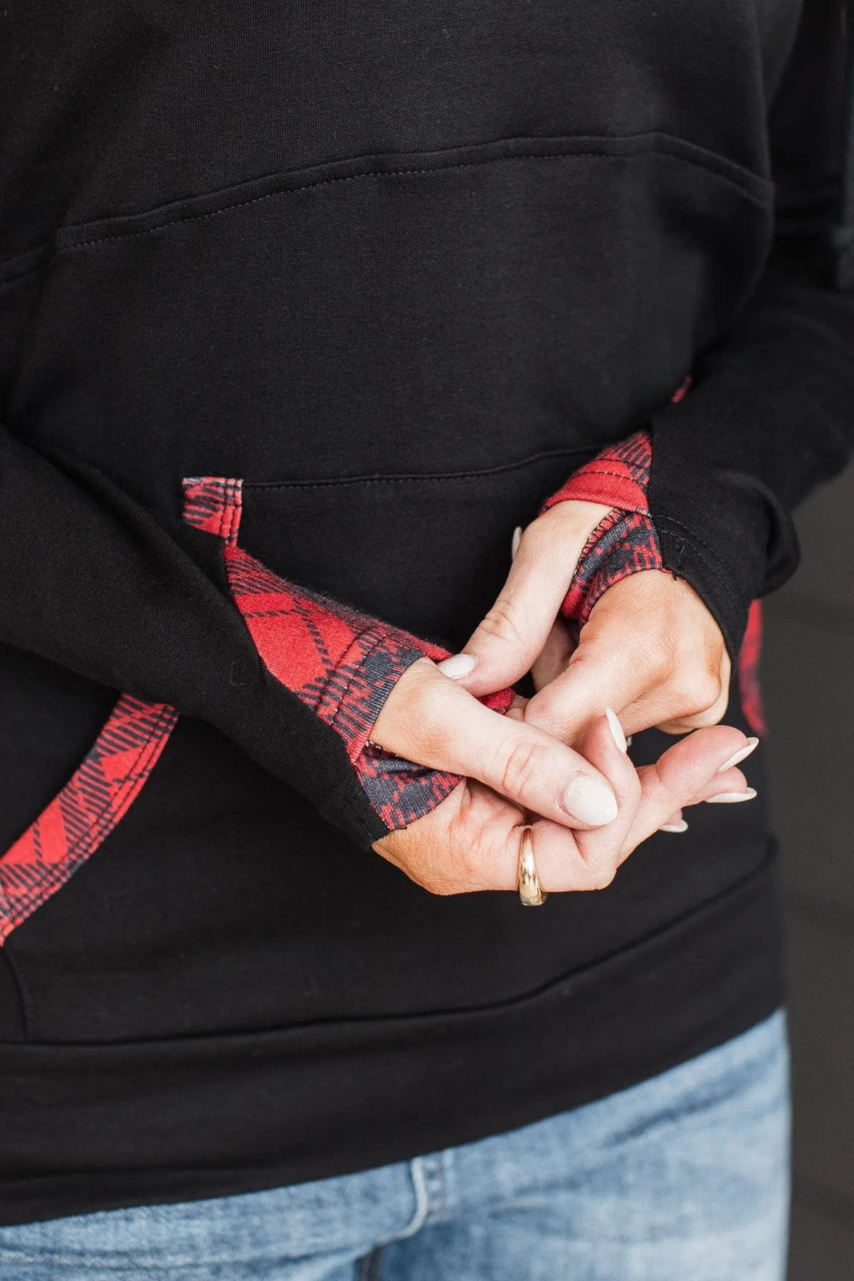 Easy To Love Quarter Zip Hoodie- Black & Red Plaid