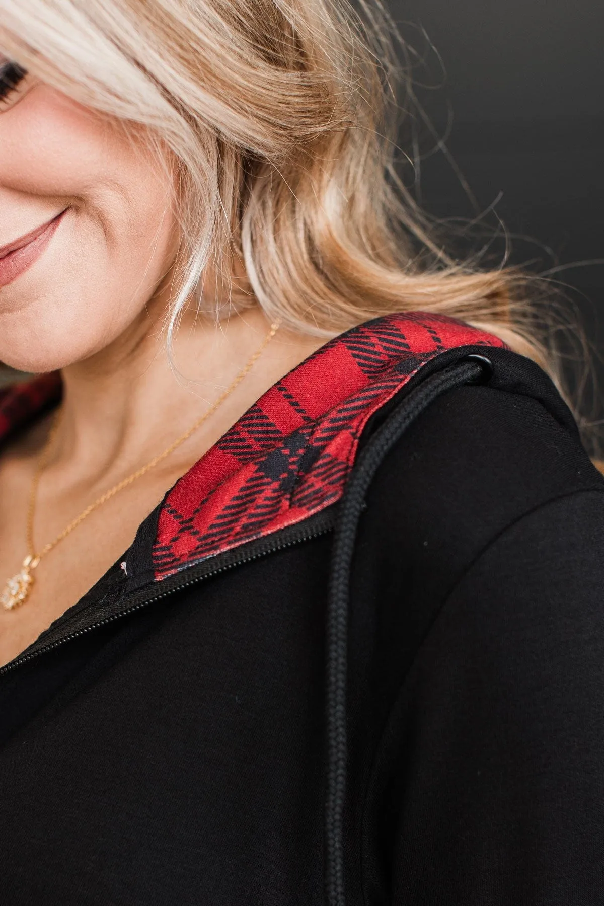 Easy To Love Quarter Zip Hoodie- Black & Red Plaid