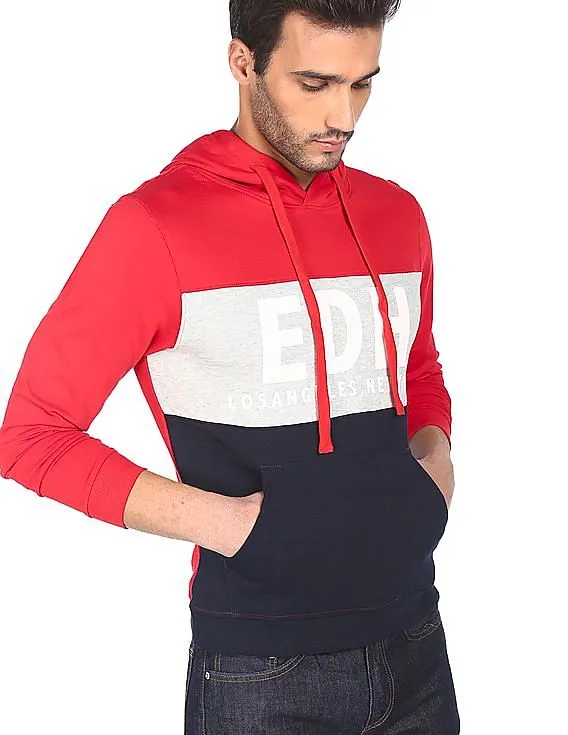 Ed Hardy Men Red And Navy Drawstring Hood Colour Block Sweatshirt