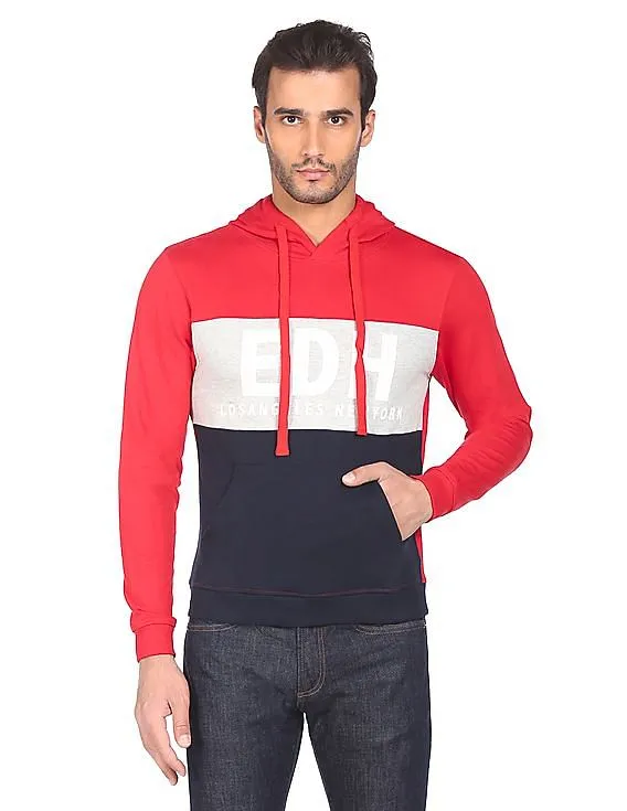 Ed Hardy Men Red And Navy Drawstring Hood Colour Block Sweatshirt