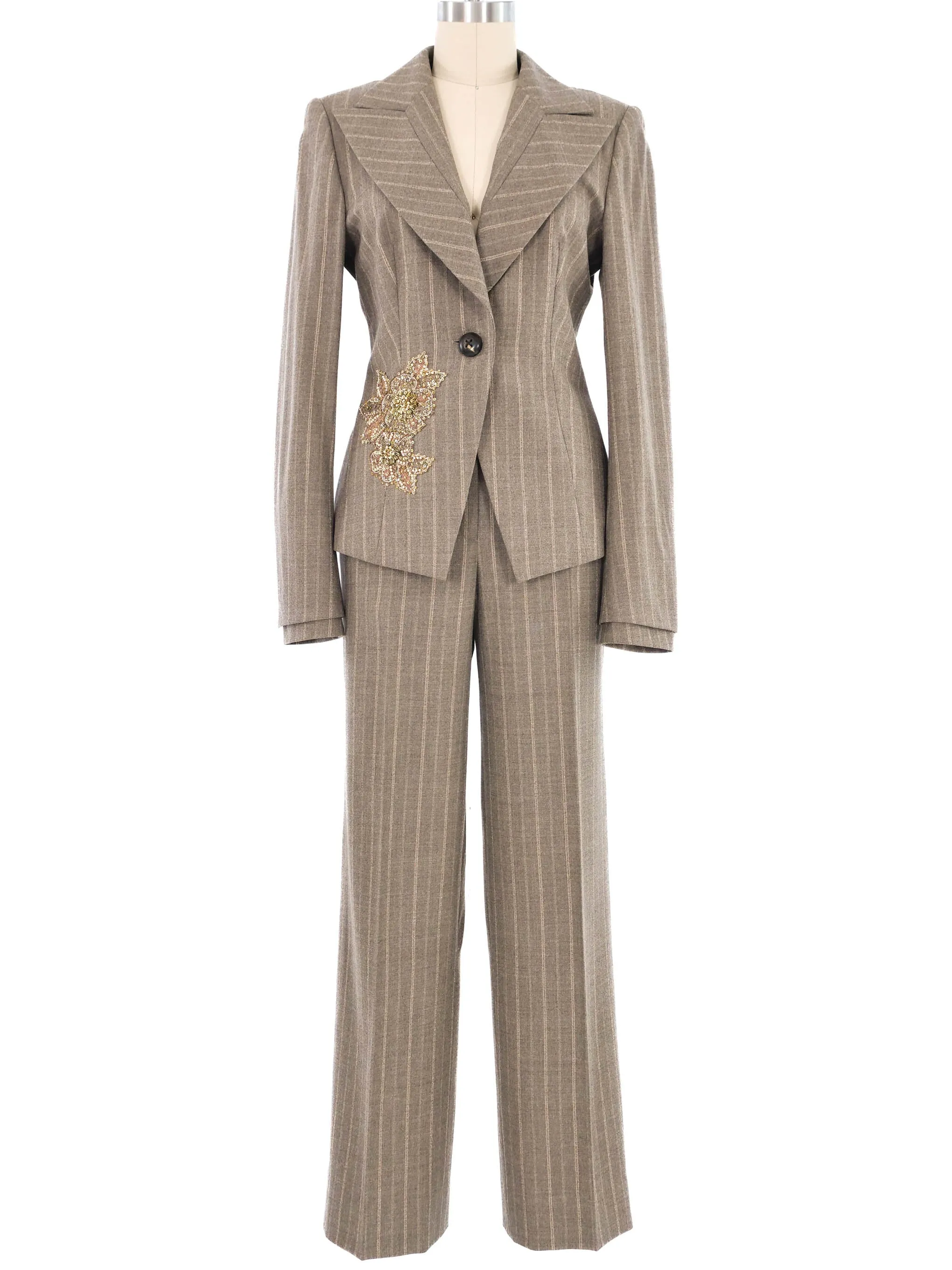 Escada Embellished Gray Pinstripe Pant Suit