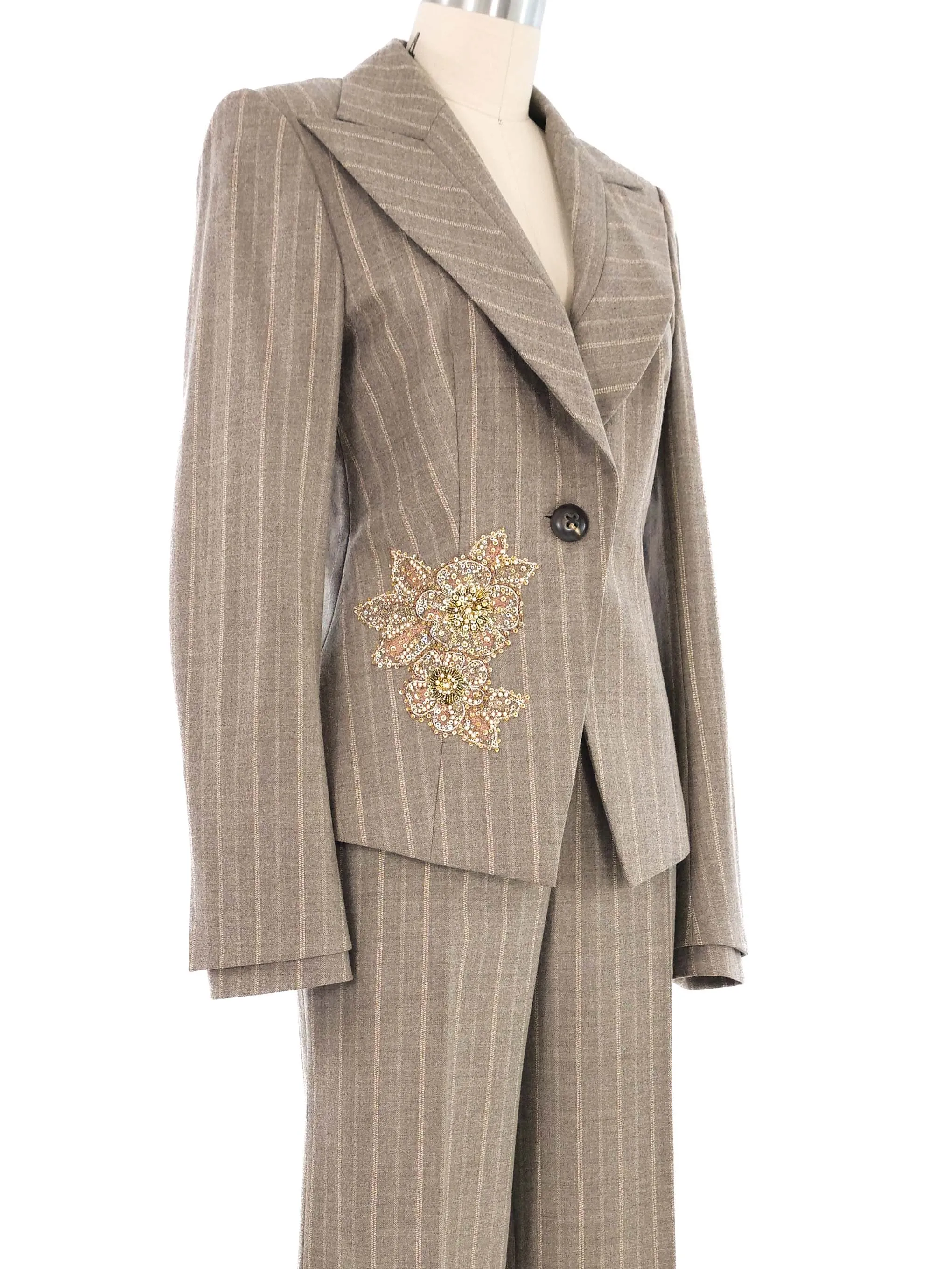 Escada Embellished Gray Pinstripe Pant Suit