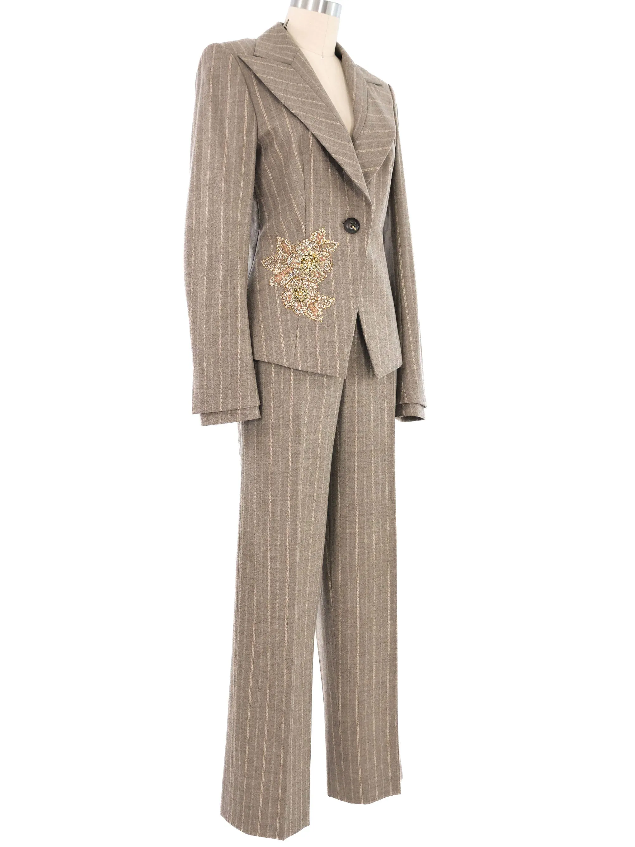 Escada Embellished Gray Pinstripe Pant Suit