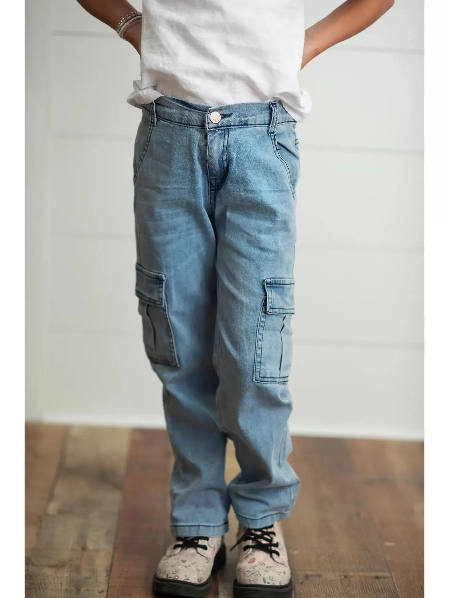 Faded Denim Cargo Pants- Girls