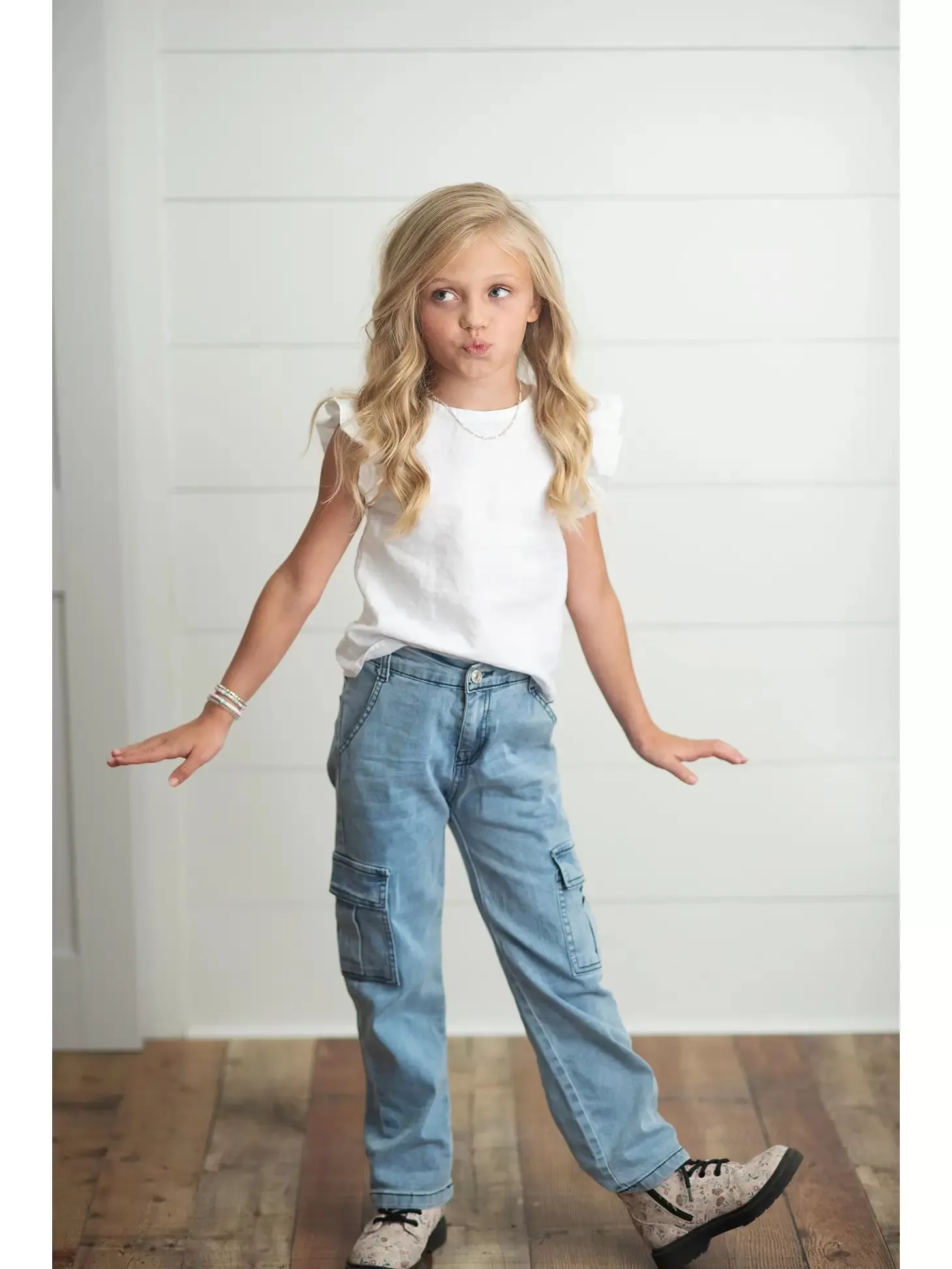 Faded Denim Cargo Pants- Girls