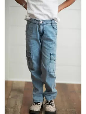 Faded Denim Cargo Pants- Girls