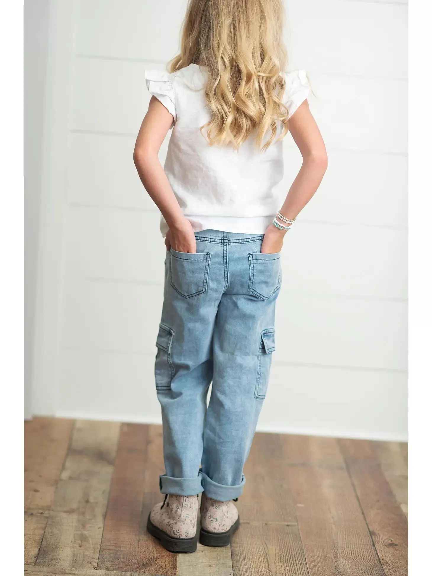 Faded Denim Cargo Pants- Girls