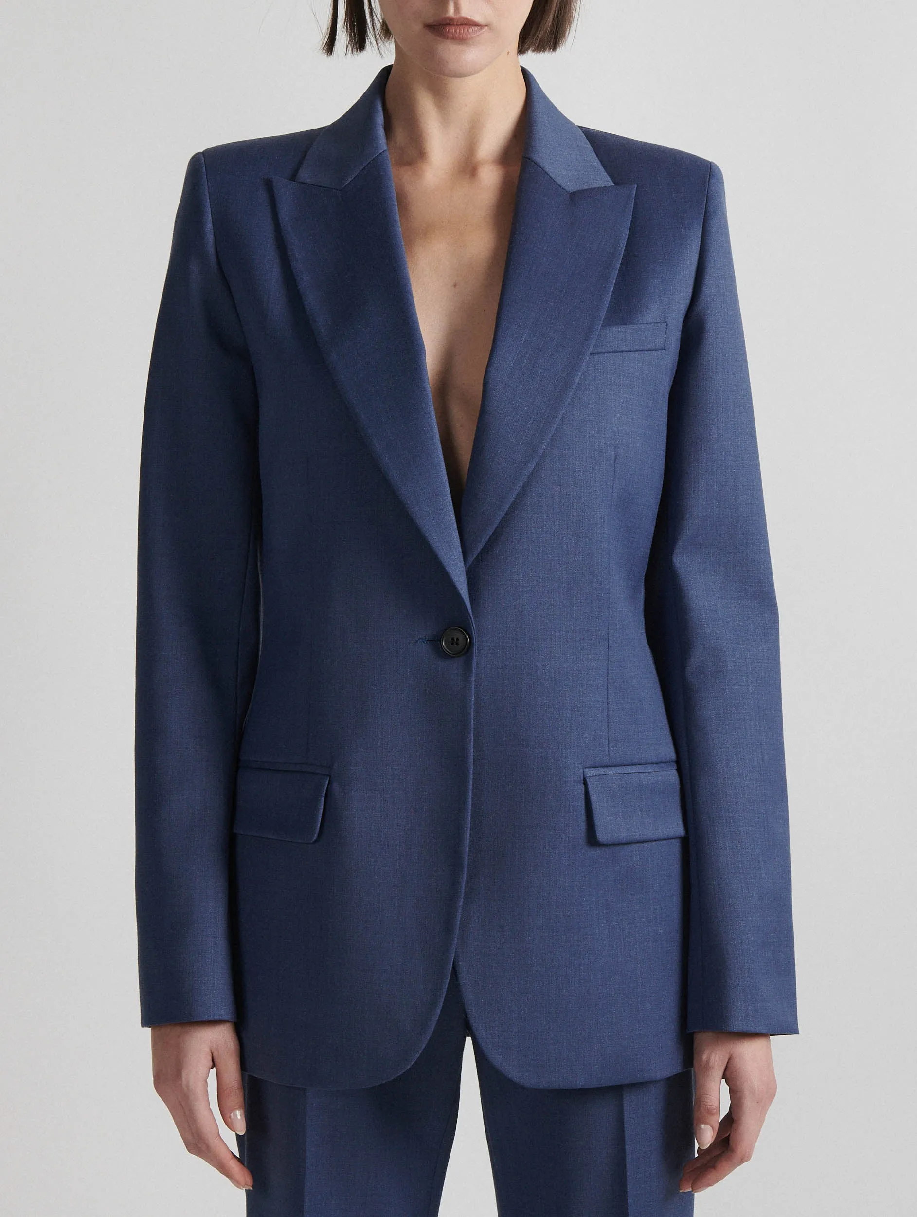 Fitted jacket in blue stretch wool gabardine