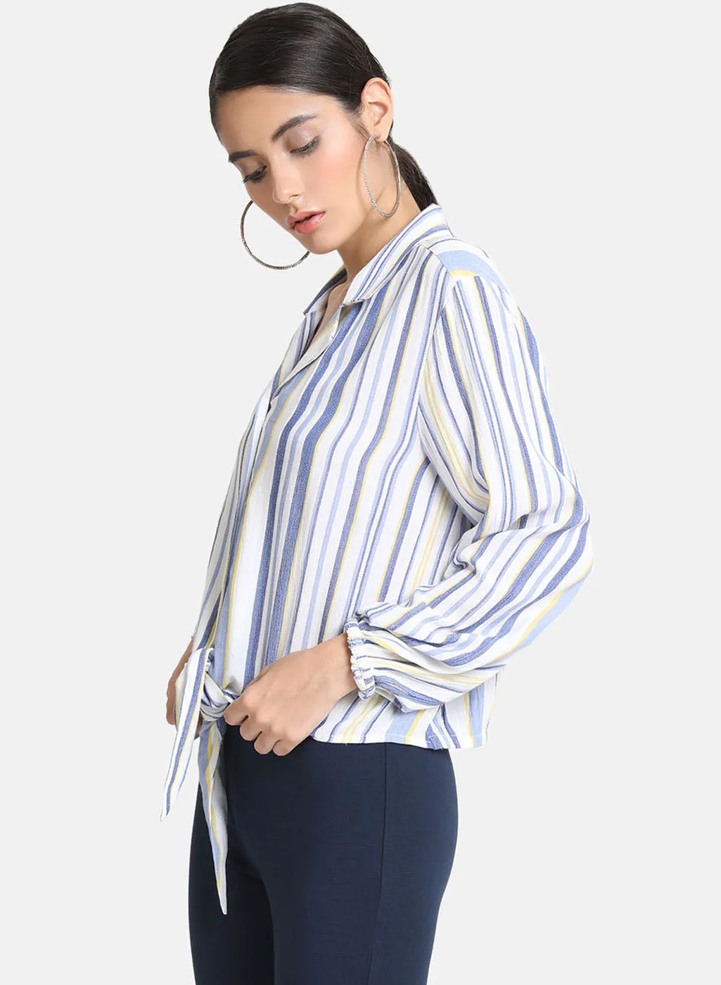 Flared Sleeves Striped Neck Tie Up Top