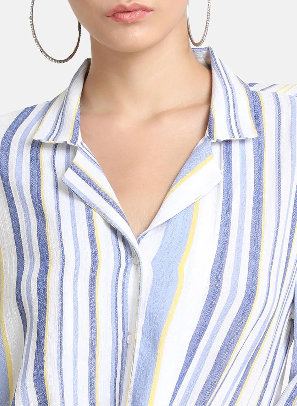 Flared Sleeves Striped Neck Tie Up Top