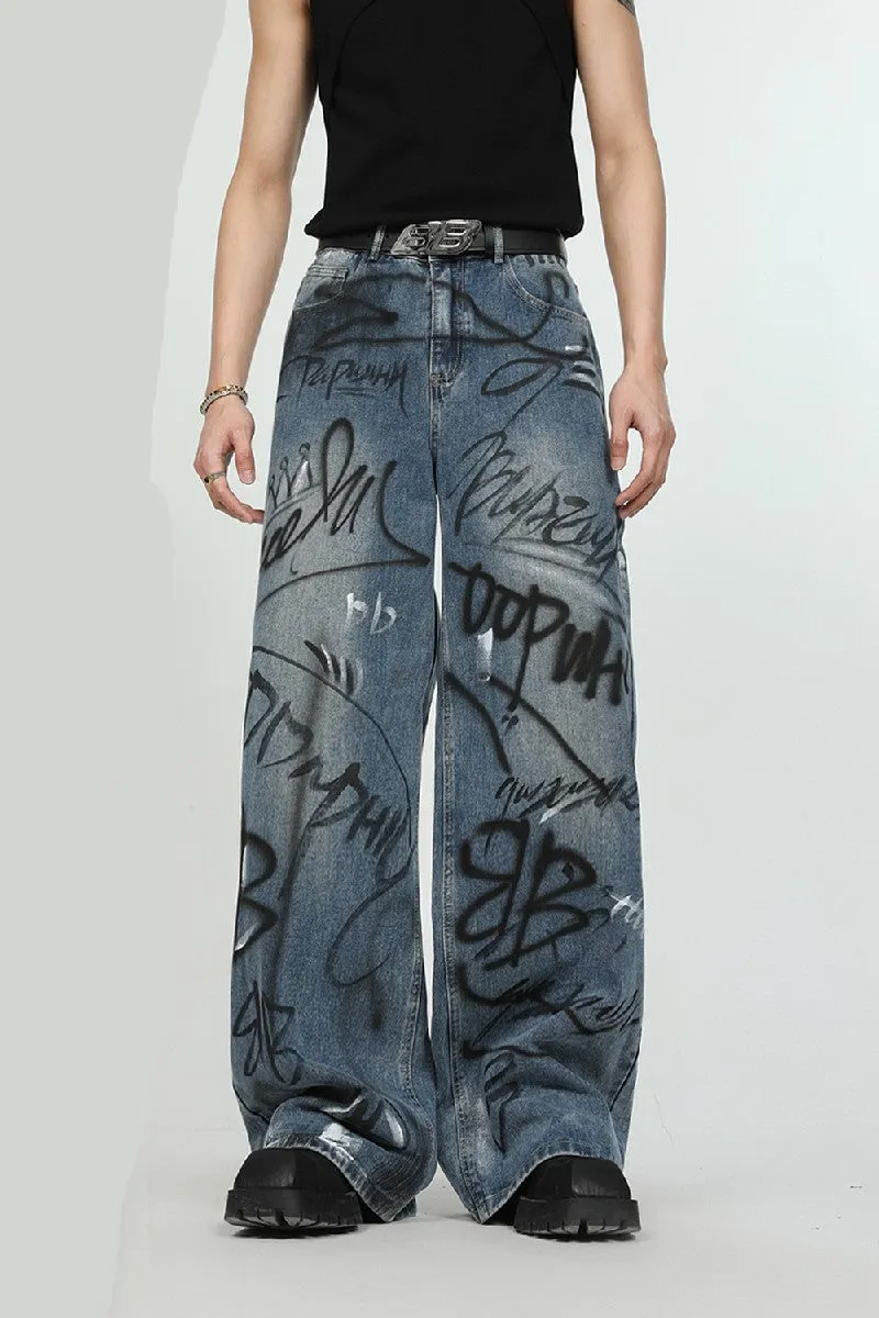 Graffiti Print Loose Jeans