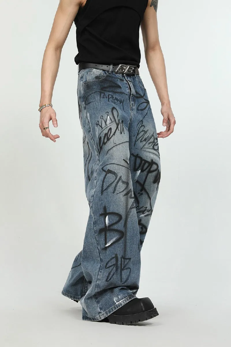 Graffiti Print Loose Jeans