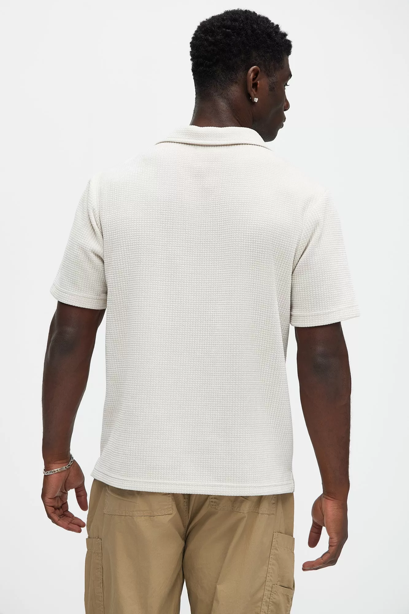 Greenville Waffle Knit Johnny Collar Short Sleeve Polo - Cream