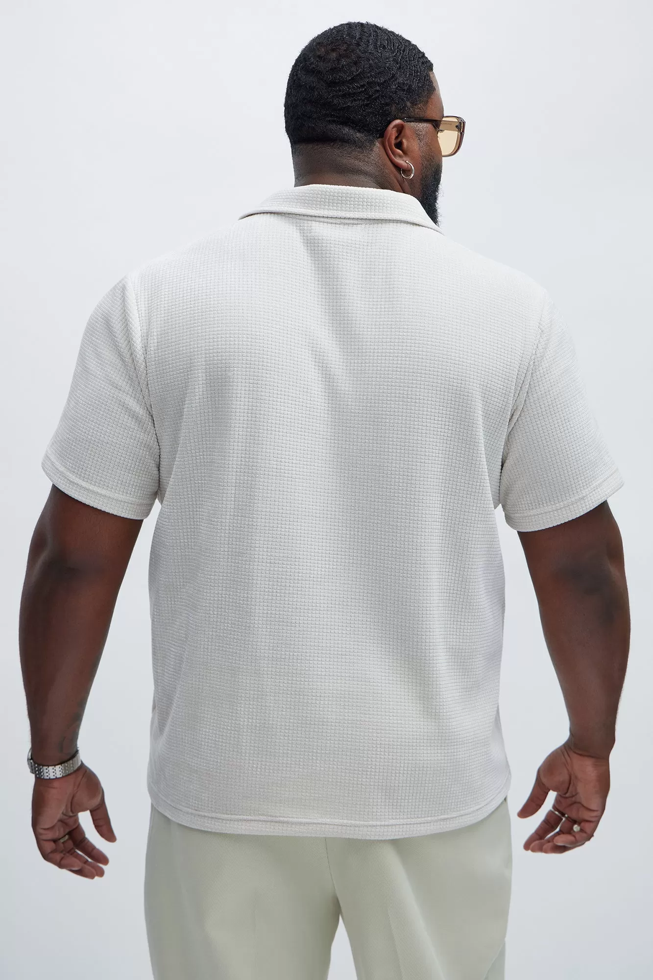 Greenville Waffle Knit Johnny Collar Short Sleeve Polo - Cream