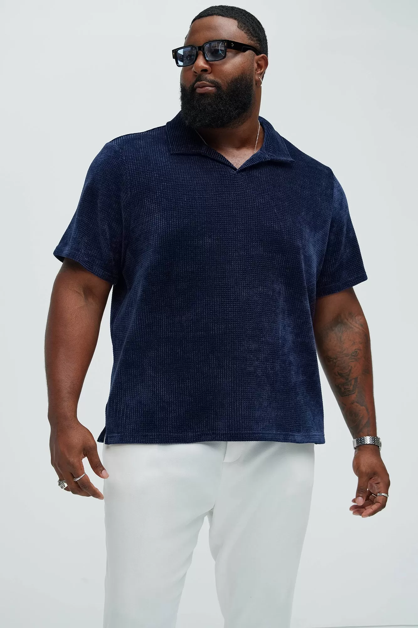 Greenville Waffle Knit Johnny Collar Short Sleeve Polo - Navy