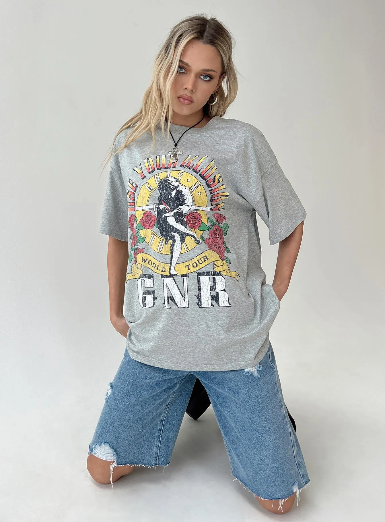 Guns & Roses Illusion Oversized Tee Grey